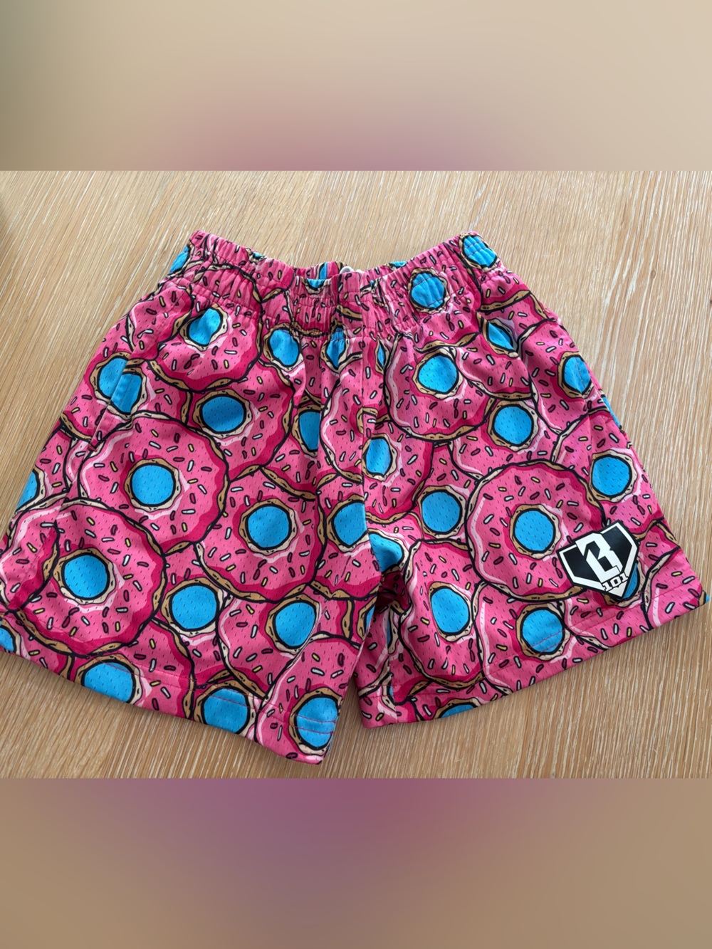 Baseball 101 Kids Pink Donut Print Shorts with Blue Accents - YM